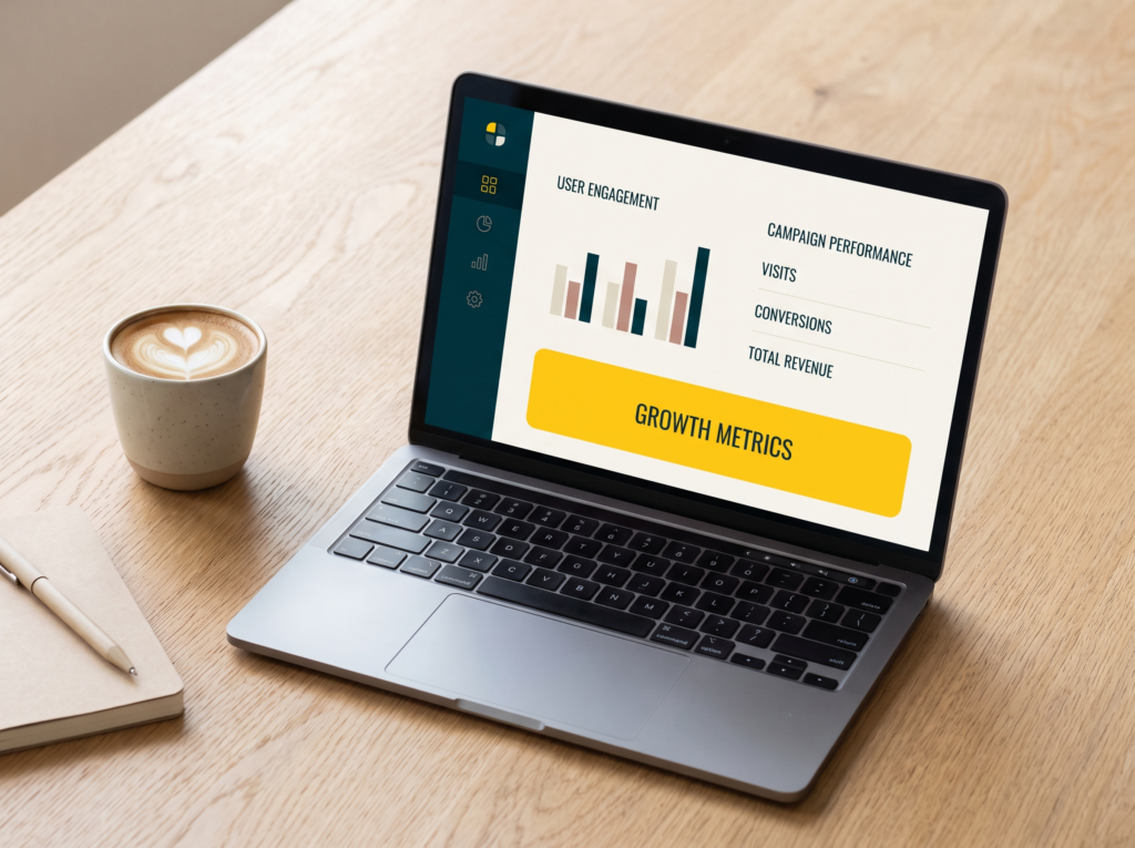 Laptop met marketingdashboard en campagneresultaten
