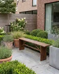 Trestle Garden Bench, AI-gegenereerde studio productfoto